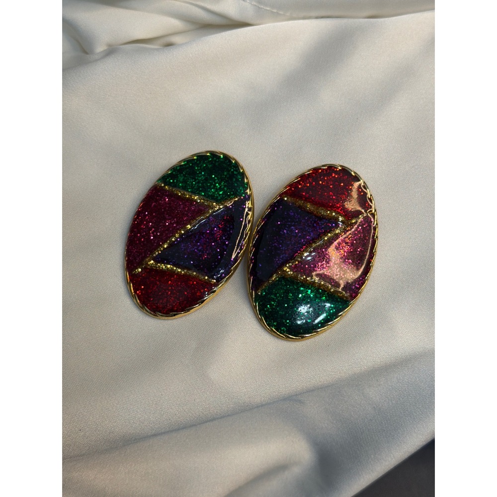Vintage 80s Geometric Glitter Enamel Clip On Earrings Gold Tone Oval Statement